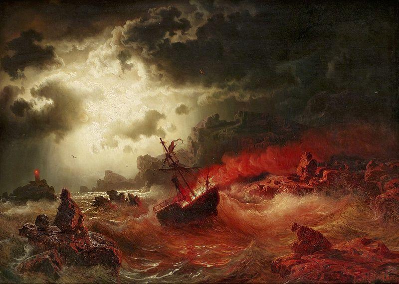 marcus larson Nattlig marin med brinnande fartyg oil painting image
